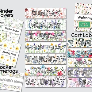 May include: A selection of floral-patterned stationery for school use, including binder covers, cart labels, and locker nametags. The binder covers display text like "Weekly Plans" and "Teacher Binder." The cart labels include "MISC," "COPY," and "GRADE." The nametags are labeled "Child's Name."
