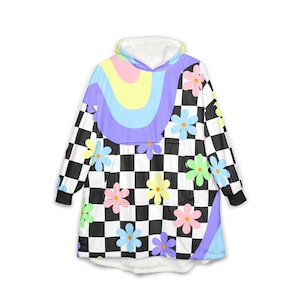 Manta com capuz retrô xadrez floral, manta aconchegante para vestir em tons pastel de arco-íris.