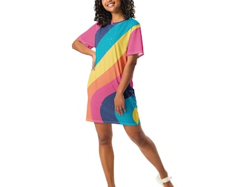 rainbow t shirt dress Pastel Rainbow Printed T-shirt Dress, Streetwear Aesthetic Tee Shirt Dress,  All Over Print, Loungewear Dress, Loose Fit, Urban Clothing