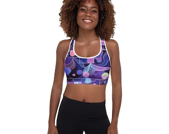 Sutiã esportivo geométrico em roxo e azul, sutiã atlético acolchoado, sutiã para treino e ioga, sutiã de alta sustentação para academia, roupa esportiva com estampa abstrata, sutiã acolchoado