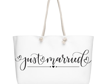 Oversized White Weekender Bag, Just Married Travel Bag, Honeymoon Luggage, Bridal Getaway Tote, Wedding Overnight Bag, Wedding Bag, Bride
