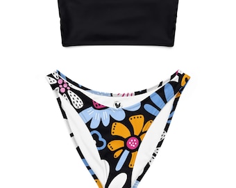 Schwarz und hell Floral Bandeau Bikini Set, zweiteiliger Badeanzug für Frauen, Sommer Floral Bademode, Trendy Urlaubs Bikini, Beachwear Set