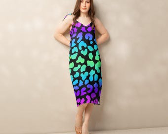 Black rainbow animal print dress, tie strap dress, colorful leopard dress, boho summer dress, festival midi dress, womens statement dress