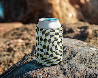 Can cooler, Black White Checker Can Cooler, Lime Green Circle Pattern, Retro Racing Drink Sleeve, Neoprene Beer Holder, Retro Can Cooler