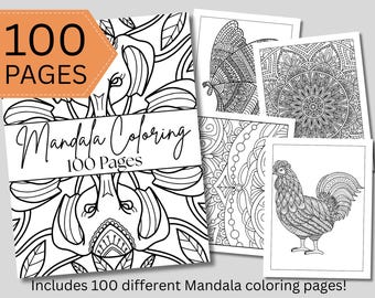 Printable Coloring Book, Digital Coloring Books, Mandala Coloring, Mandala, Coloring Book, 100 Page Coloring Book, Mandala Animals, Mandala