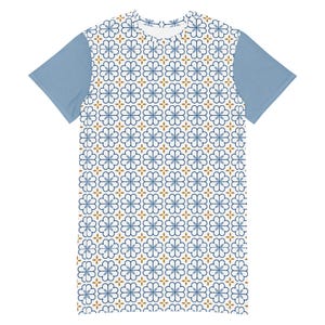 Blue Tile Print T-Shirt Dress, Mediterranean Floral Tee Dress, White Boho Pattern Oversized Dress, Colorblock Casual Dress, Summer Dress
