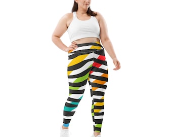 Leggings de talla grande, estampado de rayas arcoíris y cebra negra, pantalones de yoga elásticos de cintura alta, ropa llamativa y colorida, pantalones de cebra.