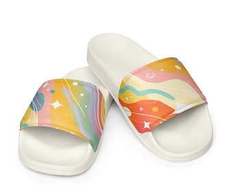 Pastel Pop Art Women’s Slides, Cute Summer Sandals, Colorful Slip-On Shoes, Aesthetic Beach Slides, Soft Comfortable Casual Footwear