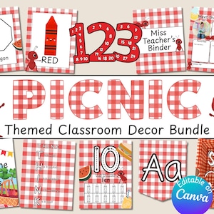 Puede incluir: Un paquete de decoración para el aula con temática de picnic. El diseño incluye patrones de cuadros rojos y blancos, hormigas de dibujos animados y elementos educativos como números, letras y formas. El texto incluye "PICNIC", "Welcome to Class" y "Miss Teacher's Binder".