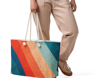 Oversized Weekender Bag, Blue Red Stripe Travel Tote, Large Carry On Duffel, Canvas Overnight Bag, Beach Gym Weekend Bag, Large Tote Bag