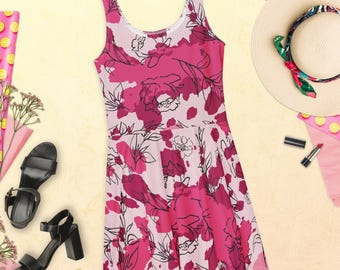 Abito skater rosa con stampa floreale e mucca, abito da donna a trapezio, grazioso outfit per una serata romantica, mini abito civettuolo, abito divertente per feste, abito skater