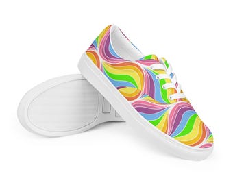 Rainbow Wavy Print Womens Lace Up Shoes, Colorful Retro Groovy Canvas Sneakers, Casual Lace Up Trainers, Boho Chic Gift, Y2K Style Kicks