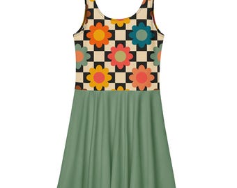 Retro Floral Checkerboard Skater Dress, 70s Groovy Flower Sundress, Vintage Daisy Print Fit Flare Dress, Colorblock Sleeveless Dress