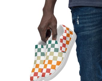 Wsuwane buty retro w szachownicę, kolorowe płócienne trampki z nadrukiem w kratkę, modne mokasyny męskie w stylu vintage, buty z geometrycznym nadrukiem, buty retro
