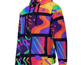 Czarno-tęczowa, wzorzysta, unisexowa bluza z kapturem zapinana na zamek, kolorowa kurtka w stylu streetwear, wyrazista, graficzna bluza z kapturem, neutralna pod względem płci, wygodna bluza z kapturem zapinana na zamek, w stylu festiwalowym