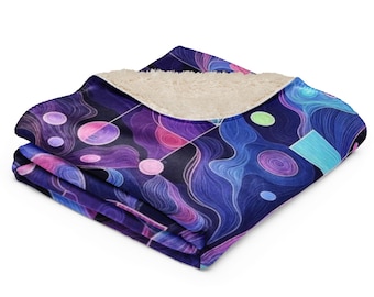 Manta de sherpa geométrica azul y morada, acogedora manta de forro polar, con estampado abstracto, suave y cálida para sofá cama, manta de sherpa.