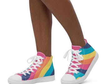 Pastel Rainbow High Top Canvas Shoes, Colorful High Top Sneakers, Cute Pastel Shoes, Rainbow Canvas High Tops, Trendy Streetwear Wear