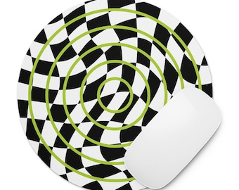 Round Mousepad, Black and White Checkerboard, Lime Green Circles, Retro Desk Accessory, Gaming Mouse Pad, Office Decor, Retro Mousepad