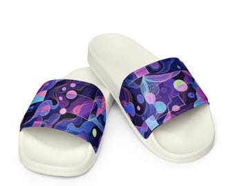 Purple Pop Art Geometric Slides, Women’s Colorful Sandals, Trendy Summer Slip-On Shoes, Graphic Pattern Slides, Purple Sandals, Women's Shoe