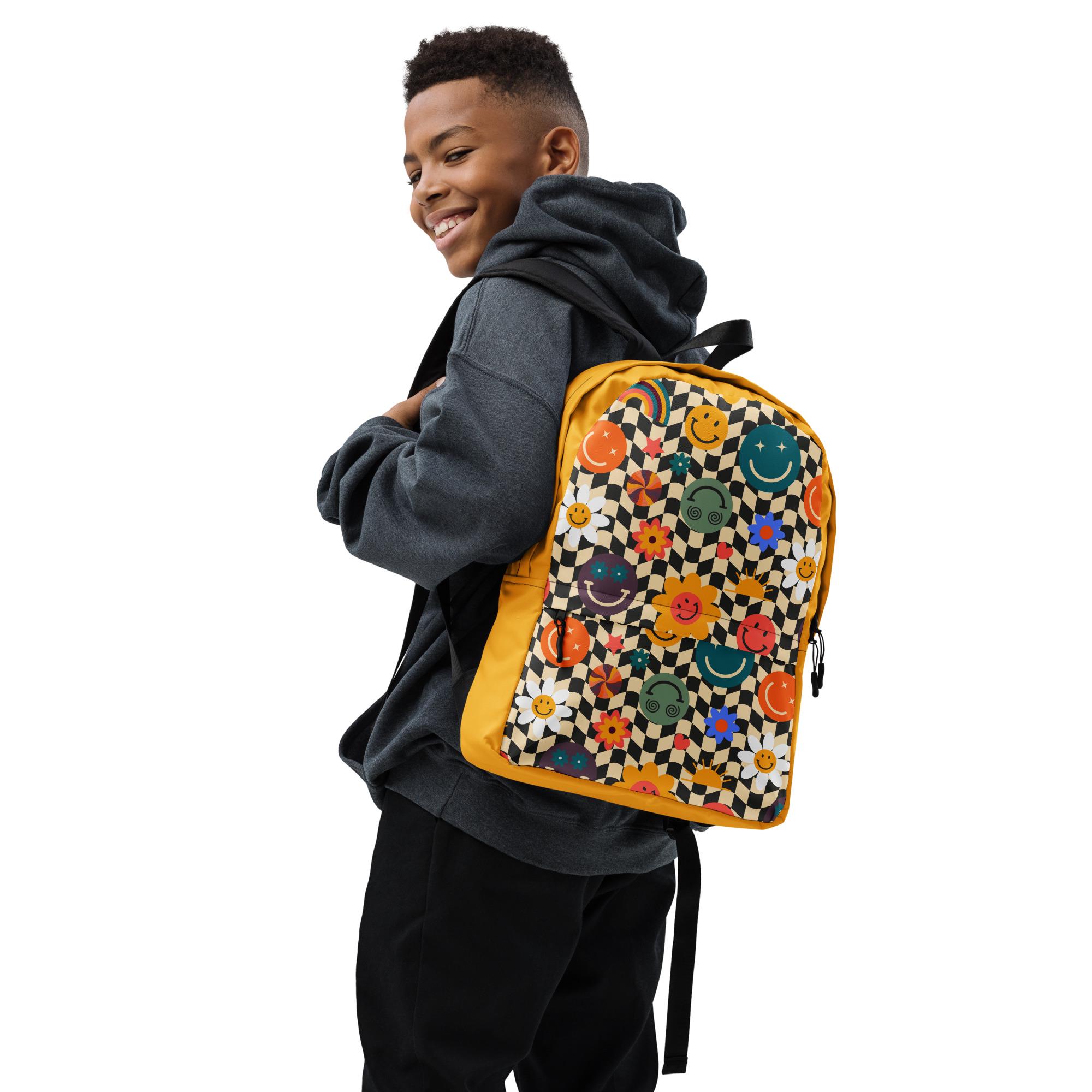 Backpack, Yellow Checkered Smiley Backpack, Retro Smiley Face Bag, 90s ...