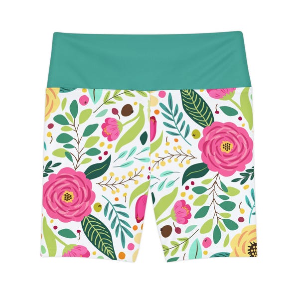 Floral Watercolor Pattern Women's Workout Shorts | Pink Green Flower Activewear