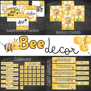 Op de afbeelding: Bijen-thema klasdecoratieset met gele en zwarte bijenillustraties. Inclusief inspirerende posters, mapomslagen, een kalender en karteletiketten met de dagen van de week. De tekst "Bee decor" is in een groot geel lettertype weergegeven.