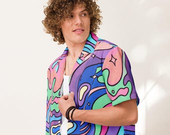 May include: Short-sleeved shirt with a colourful, psychedelic design. The shirt features a swirling pattern in shades of purple, pink, blue, and green. The shirt has a classic collar and is made of a lightweight fabric.