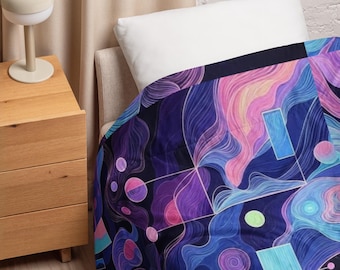 Purple and Blue Geometric Comforter, Modern Pattern Bedding, Abstract Shapes Bed Set, Boho Bedroom Decor, Colorful Blanket, Bed Comforter