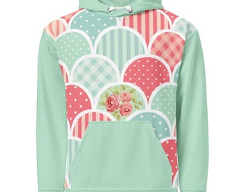 Sudadera con capucha estilo cottagecore patchwork, sudadera con estampado de vieiras color menta coral, jersey floral vintage, sudadera cómoda estilo grandmillennial, suéter preppy