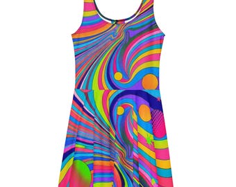 May include: A sleeveless skater dress with a vibrant, psychedelic design. The dress features swirling patterns in a spectrum of colours, including pink, yellow, blue, and green, with circular and star-shaped accents. The overall style is reminiscent of the 1960s.