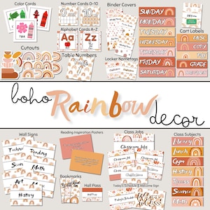 DIGITAL Boho Rainbow Themed Classroom Decor Bundle, Teacher, Boho Rainbow Class Decor, Boho Decor, Classroom Decor, Boho Themed Classroom