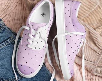 Paarse ombre-schoenen, sneakers met zwarte stippen, damesschoenen met veter, paars esthetisch schoeisel, leuke casual sneakers, cadeau voor haar, paarse schoenen