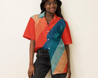 Uniseks gestreept shirt met knopen, blauw en rood streeppatroon, casual retro shirt, zachte katoenen korte mouw, damestop heren, zomerkleding T-shirts