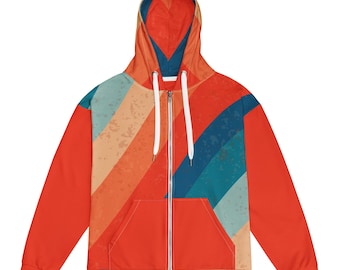 Sweat à capuche zippé unisexe, sweat à capuche rayé bleu et rouge, veste streetwear rétro, sweat-shirt décontracté confortable, sweat à capuche zippé color block, tenue douce