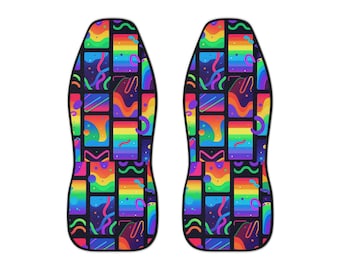 Autostoelhoezen met abstracte regenboogblokken | Kleurrijk geometrisch patroon