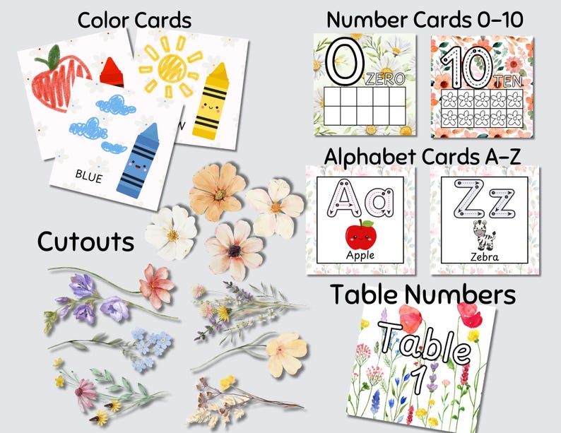 May include: Educational cards for children, featuring colour cards with illustrations of an apple, crayon, and clouds. Number cards 0-10, alphabet cards A-Z, and table number cards are also shown. The word "Cutouts" is also visible.