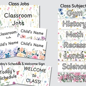 May include: A set of classroom signs featuring floral watercolour designs. Signs include "Class Jobs," "Class Subjects," "Today's Schedule," and "Welcome to Class!" Additional signs are for "Child's Name."