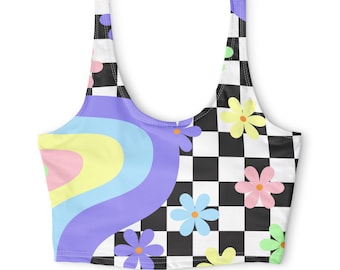 Checkerboard Daisy Retro Swirl Sports Bra