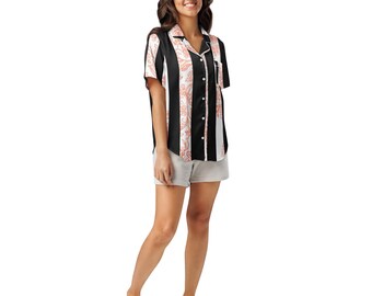 Top de pijama floral a rayas blancas y negras, pijama de manga corta para mujer, suave y cómodo, ideal para estar en casa, regalo perfecto para ella.