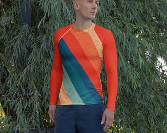 Herren Rash Guard, Herren Langarm Rash Guard, Blau und Rot Streifen Schwimmshirt, Surf Bademode Top, Sonnenschutz Shirt, Sportliche Strandbekleidung