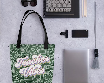Teacher Vibes Tote Bag, Cute Teacher Gift, Aesthetic Teacher Tote, Back to School Bag, Classroom Essentials, Educator Appreciation Tote