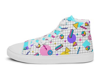 90s Theme Men's High Top Shoes, Retro Sneakers, Vintage Streetwear Footwear, Colorful Throwback Fashion, Nostalgic Gift, Mens high top shoes
