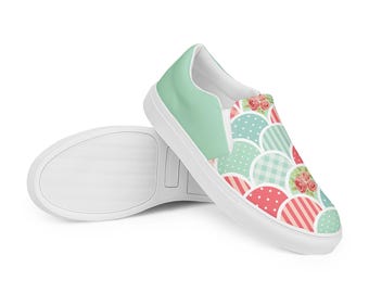 Women’s slip-on canvas shoes, Pink Blue Vintage Floral, Slip Canvas Shoes, Retro Flower Print Sneaker, Cottagecore Garden Style Casual Flats
