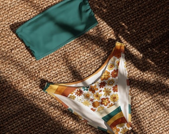 Retro Floral Bandeau Bikini Set, Vintage Blume zweiteiliger Badeanzug, trägerloser Bikini, Sommer Strand Bademode, Retro Floral, Retro Blumen