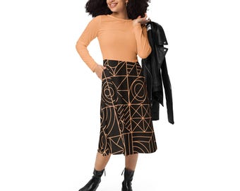 Black and Peach Geometric Long Sleeve Midi Dress, Modern Patterned Fall Fashion Dress, Chic Boho Style Midi Dress for Women