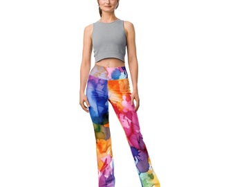 Tie Dye akvarell utsvängda leggings, yogabyxor med bell bottom, hög midja i bohemiskt festival- och träningskläder, mjuka stretchiga utsvängda byxor i vardagsstil