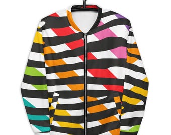 Chaqueta bomber unisex con estampado de cebra arcoíris, ropa de calle de rayas coloridas, chaqueta negra con estampado de cebra, atuendo para festivales, moda del orgullo.
