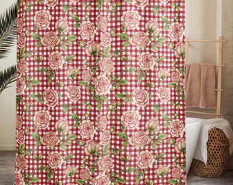 Red Gingham Rose Shower Curtain, Vintage Floral Plaid Bathroom Curtain, Farmhouse Rose Print Shower Curtain, Cottagecore Bathroom Decor