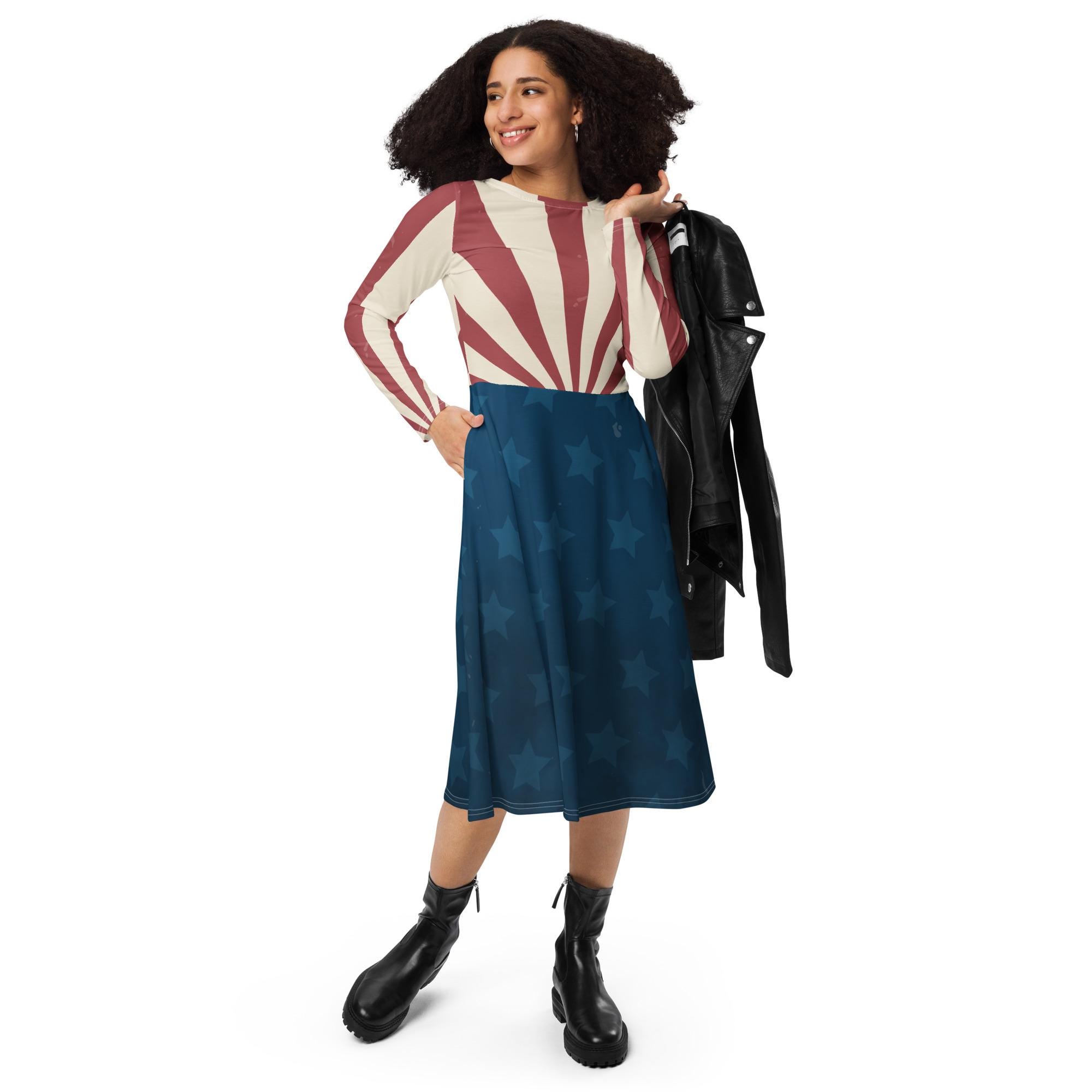 patriotic midi dress Belted Print Shirt Paisley Wave back look Patriotic Babe Striped Contrast Binding