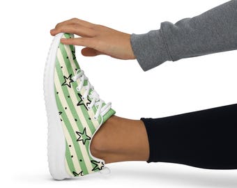 Women's athletic shoes, sage green stripe sneakers, black star trainers, lightweight running shoes, casual gym footwear, Green shoes, womens